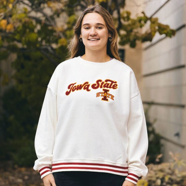 Pressbox Women's Iowa State Ivory and Cardinal Chenille Crewneck Sweatshirt
